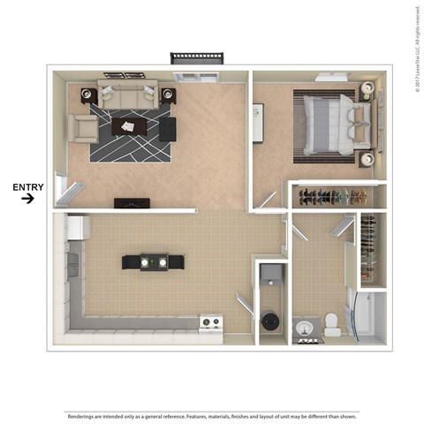 A floor plan of a room with a kitchen, living room, and bathroom.